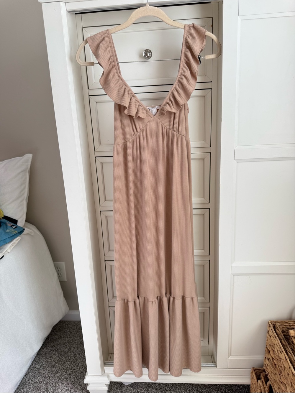 Caution To The Wind Ruffle V-Neck Maxi Dress in Beige